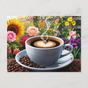 Cartão Postal Xícara de café da manhã e lindo jardim floral 