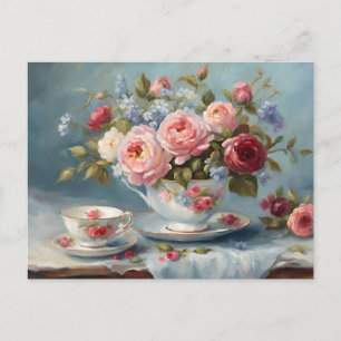 Cartão Postal Xícara de Chá com Flores Lindas 