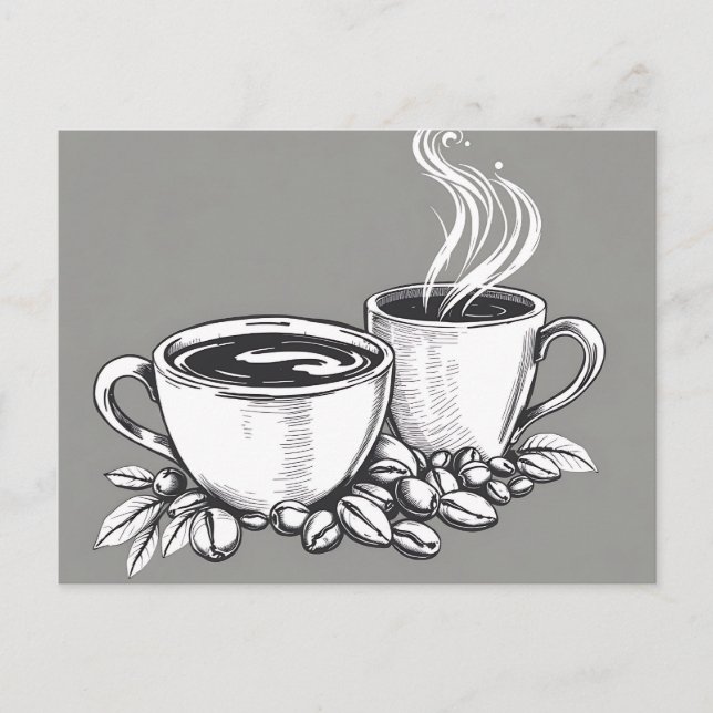 Cartão Postal Xícaras de Café e Grãos Monocromáticos (Frente)