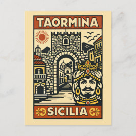 Cartão Postal Xilogravura Amarelo Vermelho Taormina Sicília Port
