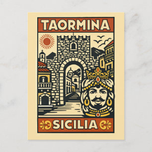 Cartão Postal Xilogravura Amarelo Vermelho Taormina Sicília Port