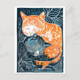 Cartão Postal Xilogravura de Gato Preto e Vermelho se Aninhando 