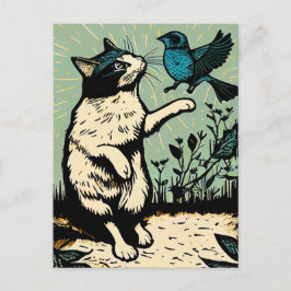 Cartão Postal Xilogravura de um gato tentando pegar um pássaro