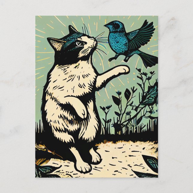 Cartão Postal Xilogravura de um gato tentando pegar um pássaro (Frente)