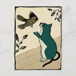 Cartão Postal Xilogravura de um Gato Tentando Pegar um Pássaro