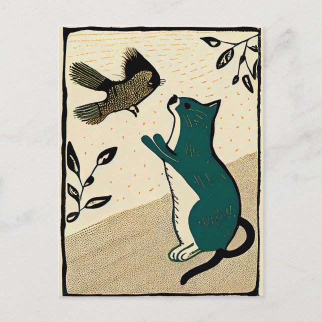Cartão Postal Xilogravura de um Gato Tentando Pegar um Pássaro (Frente)
