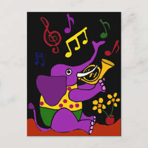 Cartão Postal XX- Folk Art Elephant Brincando no Corno Francês