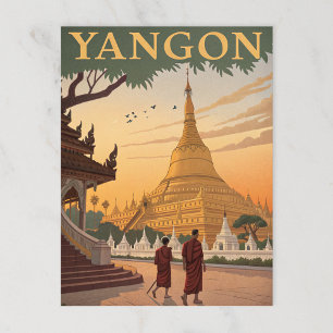 Cartão Postal Yangon Pagoda e Burmese Retro