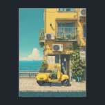 Cartão Postal Yellow Scooter by Seaside<br><div class="desc">A charming coastal scene featuring a bright yellow scooter parked beside a sunlit Mediterranean building. Lush green vines climb the warm ochre walls, while balconies and air-conditioning units add urban character. Beyond the promenade, the deep blue sea stretches under a clear sky. The composition captures relaxed seaside living, summer travel...</div>