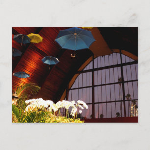 Cartão Postal Yellow Umbrella White Flowers Blue Art Photo