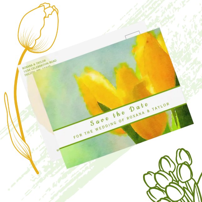 Cartão Postal Yellow Watercolor Tulips Casamento Salvar a Data (Criador carregado)