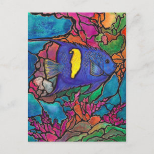 Cartão Postal Yellowbar Angelfish Coral Reef Art "Vidro Estido"