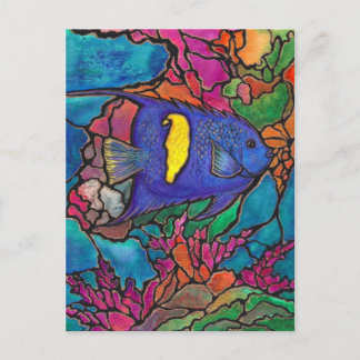 Cartão Postal Yellowbar Angelfish Coral Reef Art "Vidro Estido"