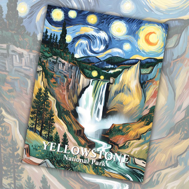 Cartão Postal Yellowstone Waterfall Van Gogh Starry Night Custom (Yellowstone Waterfall Van Gogh Starry Night Custom Postcard)