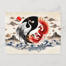 Cartão Postal Yin e Yang Crane e Phoenix no Estilo de Arte Asiát