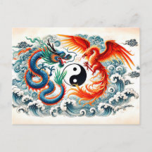 Yin e Yang Dragão e Fênix no Estilo de Arte Asiáti