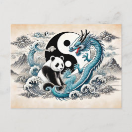 Cartão Postal Yin e Yang Panda e Dragão no Estilo de Arte Asiáti