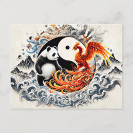 Cartão Postal Yin e Yang Panda e Phoenix no Estilo de Arte Asiát