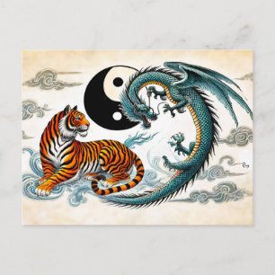 Cartão Postal Yin e Yang Tigre e Dragão no Estilo de Arte Asiáti
