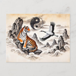 Cartão Postal Yin e Yang Tigre e Grou em Estilo de Arte Asiática