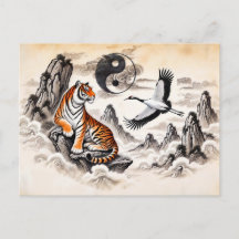 Yin e Yang Tigre e Grou em Estilo de Arte Asiática