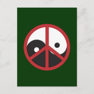 Cartão Postal Yin-Yang com sinal de paz - vermelho