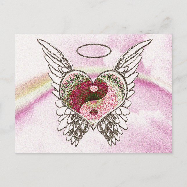 Cartão Postal Yin Yang Heart Angel Wings Watercolor (Frente)