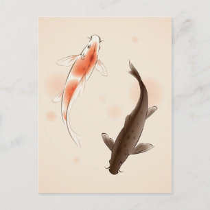 Cartão Postal Yin Yang Koi pesca com pintura em estilo oriental