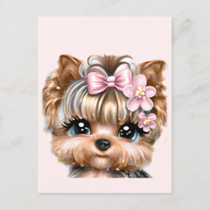Cartão Postal Yorkie bonito com um Arco rosa