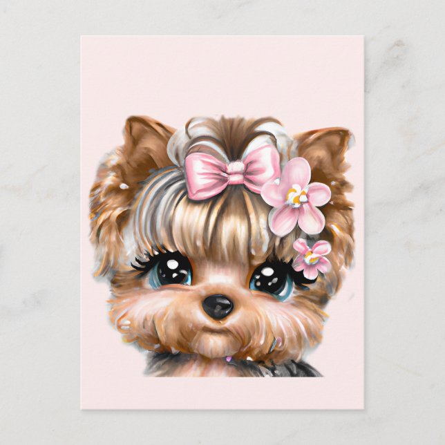 Cartão Postal Yorkie bonito com um Arco rosa (Frente)