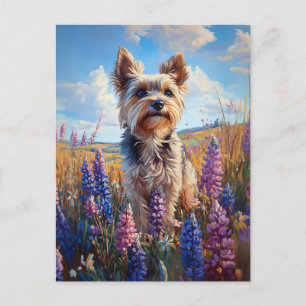 Cartão Postal Yorkie Terrier Flores De Lupão Roxo