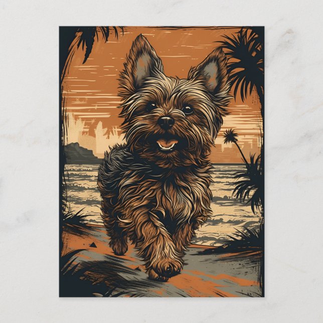 Cartão Postal Yorkshire-terrier na praia (Frente)
