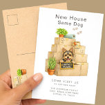Cartão Postal Yorkshire Terrier New House Moving Announcement<br><div class="desc">Announce your move with this adorable Yorkshire Terrier moving announcement card featuring a cute Yorkie puppy sitting in a stack of moving boxes holding a “We’ve Moved” sign. This charming design is perfect for dog lovers who want to share their new address with a playful and memorable touch. The soft...</div>