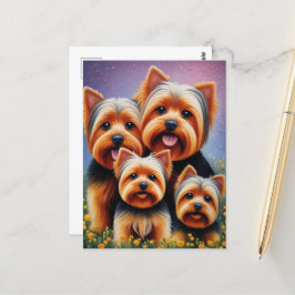 Cartão Postal Yorkshire Terrier Puppy Family Colorful Portrait