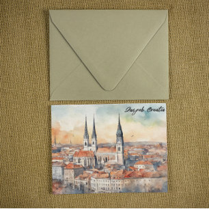 Cartão Postal Zagreb Croácia Cidade Silhouette Watercolor