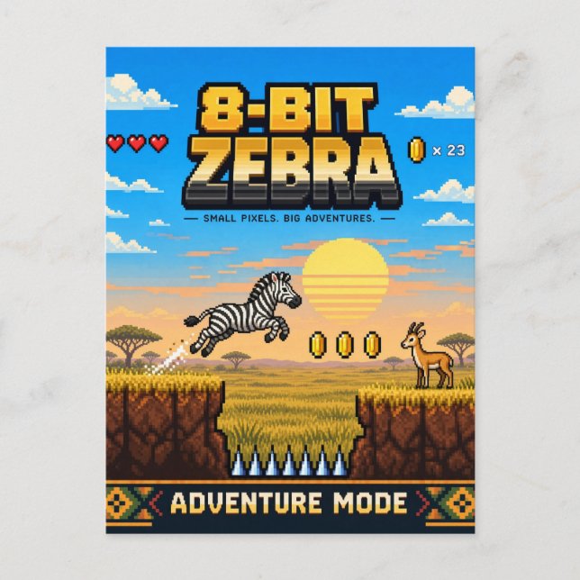 Cartão Postal Zebra, Arte Pixel Retro de 8 Bits (Frente)