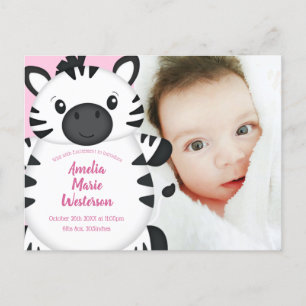 Cartão Postal Zebra Chá de fraldas Safari Menina Rosa