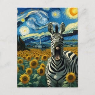 Cartão Postal Zebra Engraçada no faux Van Gogh Sunflower Field