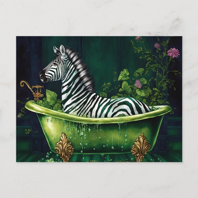 Cartão Postal Zebra engraçada numa Banheira Verde (Frente)