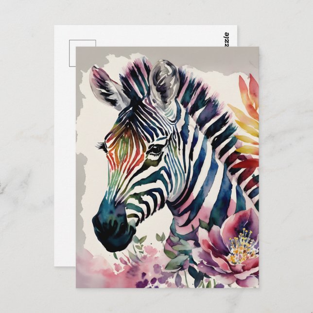 Cartão Postal Zebra Retrato Floral Watercolor Art (Frente/Verso)