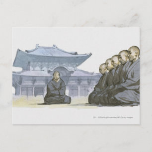Cartão Postal Zen Monges budistas ajoelhados fora do templo