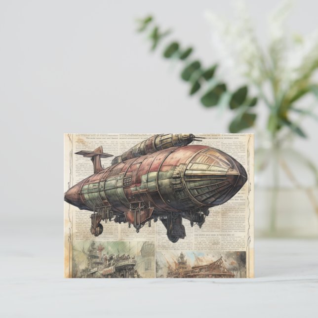 Cartão Postal Zeppelin Steampunk Vintage (6) (Em pé/Frente)
