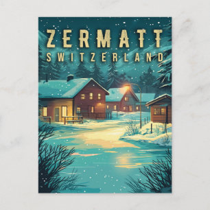 Cartão Postal Zermatt Antiga, Suíça: Alpes Nevados à Noite