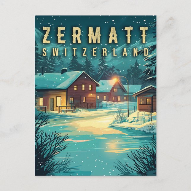 Cartão Postal Zermatt Antiga, Suíça: Alpes Nevados à Noite (Frente)