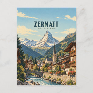 Cartão Postal Zermatt Suíça Arte de Viagem Vintage