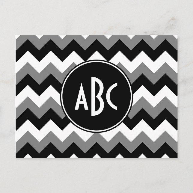 Cartão Postal Zigzag Preto e Branco Cinza Monogramado (Frente)