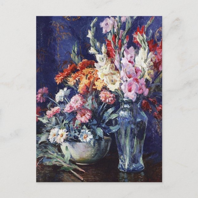 Cartão Postal Zinnias e Gladiolas por Matilda Browne (Frente)