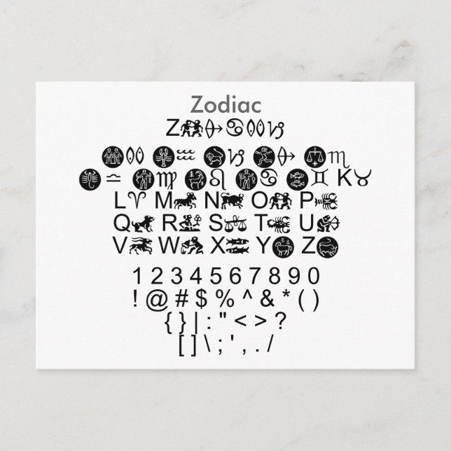 Cartão Postal Zodiac - Folha de Amostra de Font Zazzle com Guia (Frente)