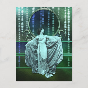 Cartão Postal Zohara: Mulher do Art Deco em Aqua e Verde