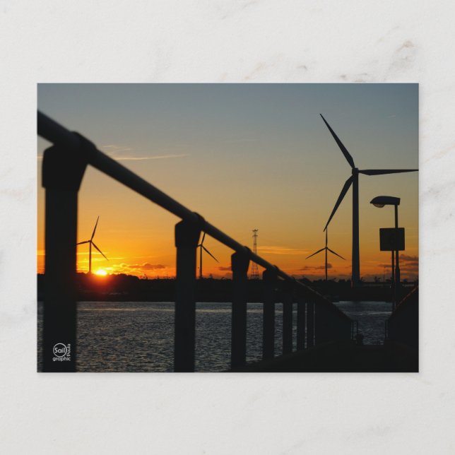 Cartão Postal Zonsondergang met windmolen, Rustgevend relaxt. (Frente)